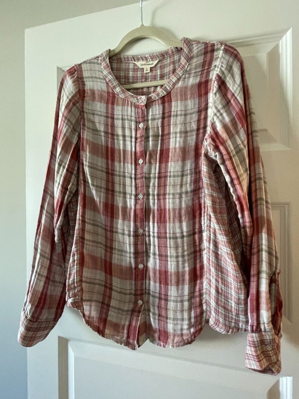 Lucky Brand Plaid Mandarin Collar Cotton Gauze Blouse Shirt Coral Pink S